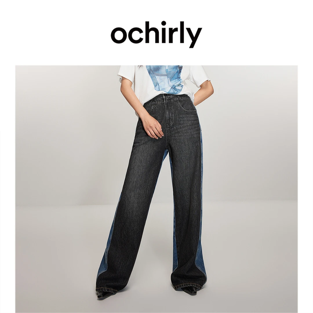 ochirly欧时力 纯棉阔腿牛仔裤女直筒裤早春复古蓝色显瘦