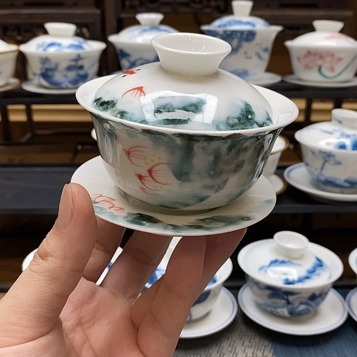 手绘茶具粉彩盖碗