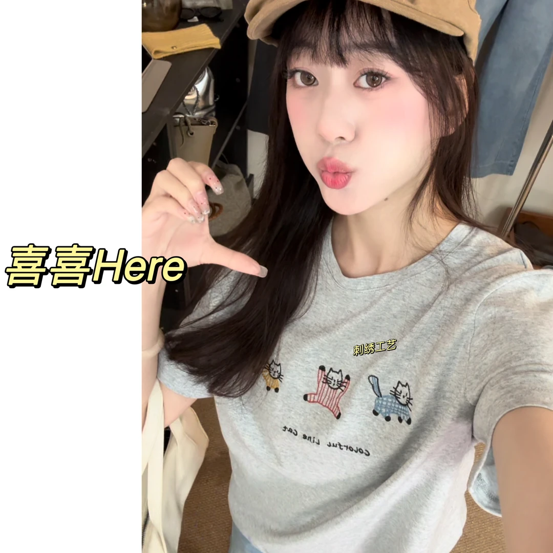 今喜Here.三只小猫.春夏韩版小众设计感刺绣工艺小猫T