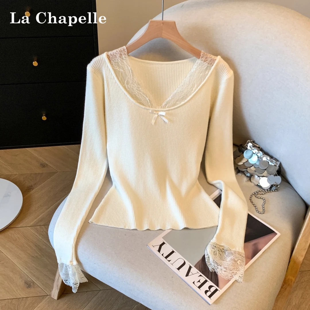 拉夏贝尔韩版甜美蕾丝拼接长袖针织衫女秋冬新款软糯气质打底毛衣