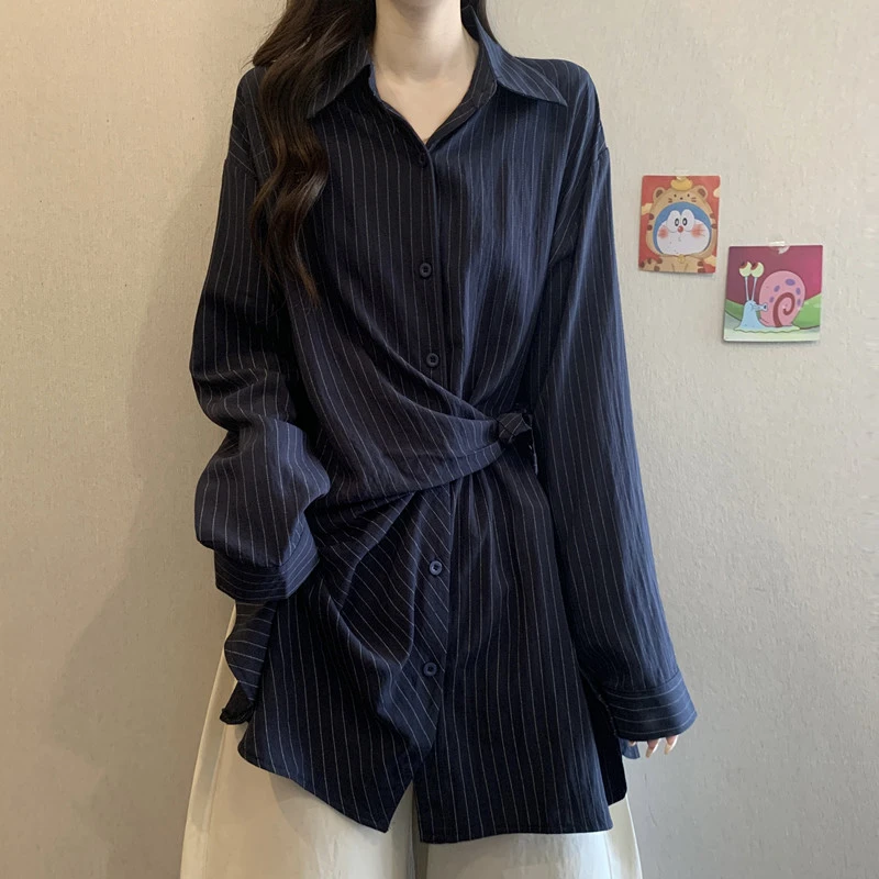 法式设计感绑带条纹长袖衬衫女秋季大码胖mm遮肚子显瘦不规则上衣