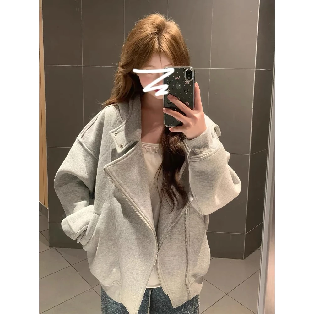 韩系设计感独特超好看外套女秋2025新款美式高级感灰色连帽卫衣