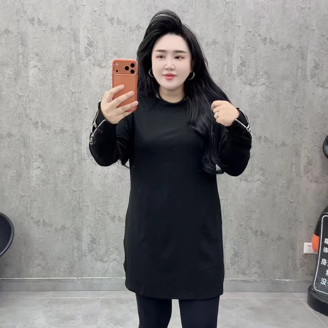 欧货ins风中长款圆领长袖简约百搭时尚T恤