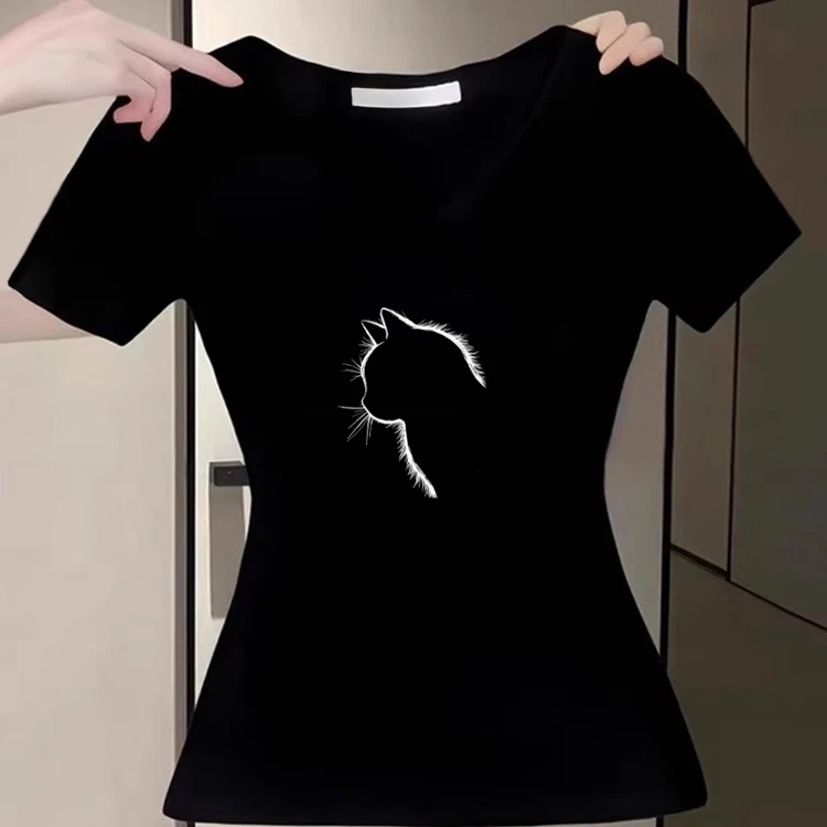 爆款韩系V领正肩短袖t恤夏季纯欲风小猫甜妹穿搭显瘦气质上衣女装