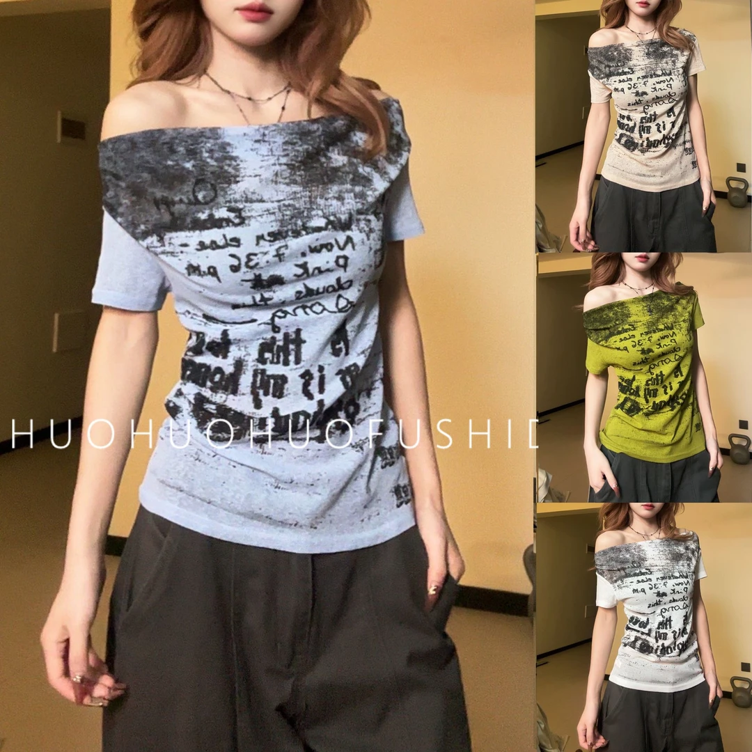 多种穿法~夏季一字肩荡领美式辣妹印花短袖上衣显瘦T