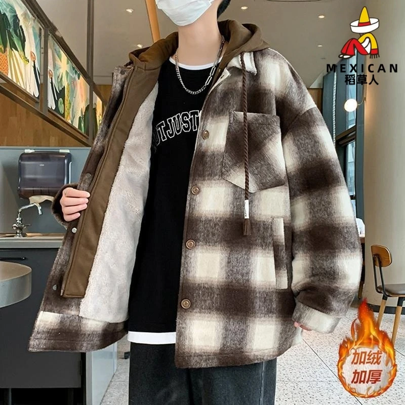 稻草人假两件外套男秋冬新款宽松棉衣加绒加厚青少年保暖毛呢夹克