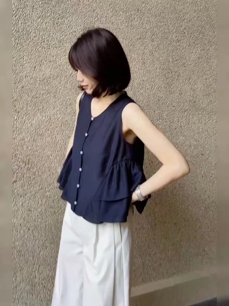 【全额运补】011茶里茶气慵懒松弛感藏蓝色无袖气质女士上衣小衫