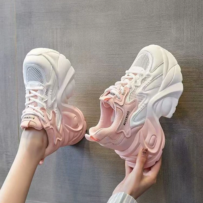 网面透气老爹鞋女薄款2025春夏季新款渐变色潮鞋厚底内增高女鞋