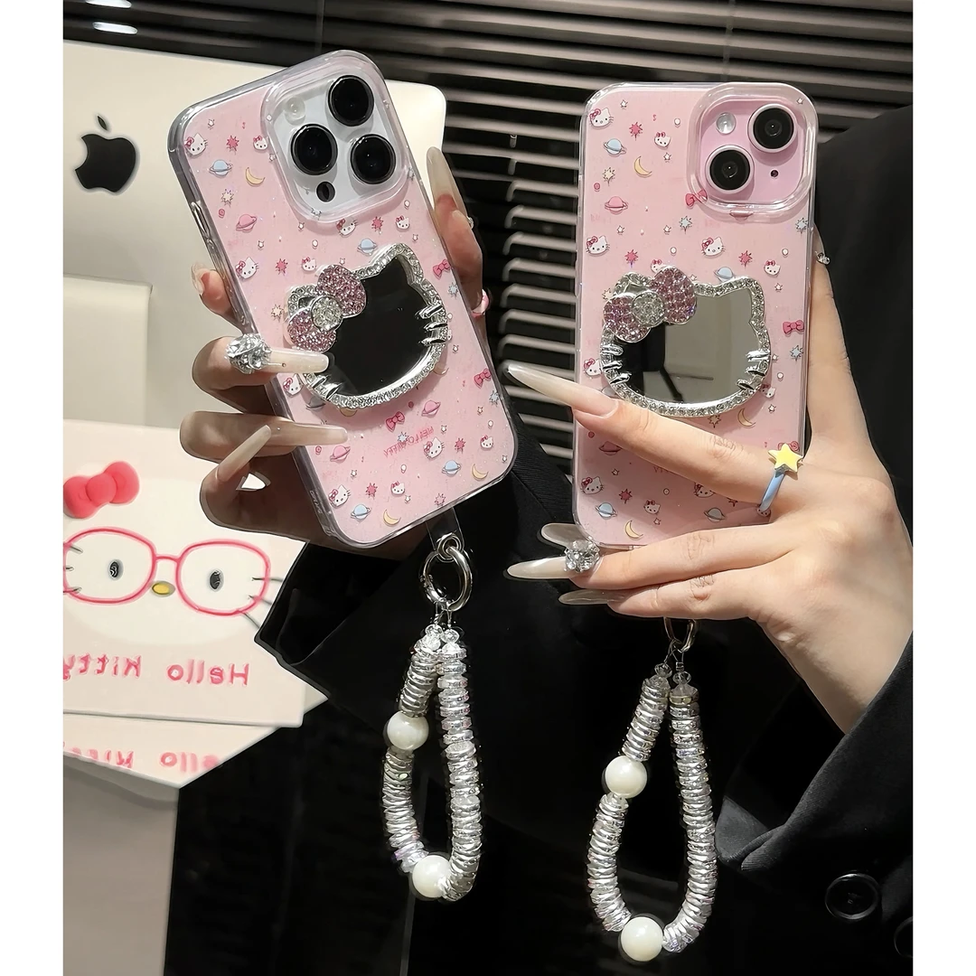 ins可爱KT猫闪钻镜子适用iPhone16/15手机壳13promax闪粉12挂绳11
