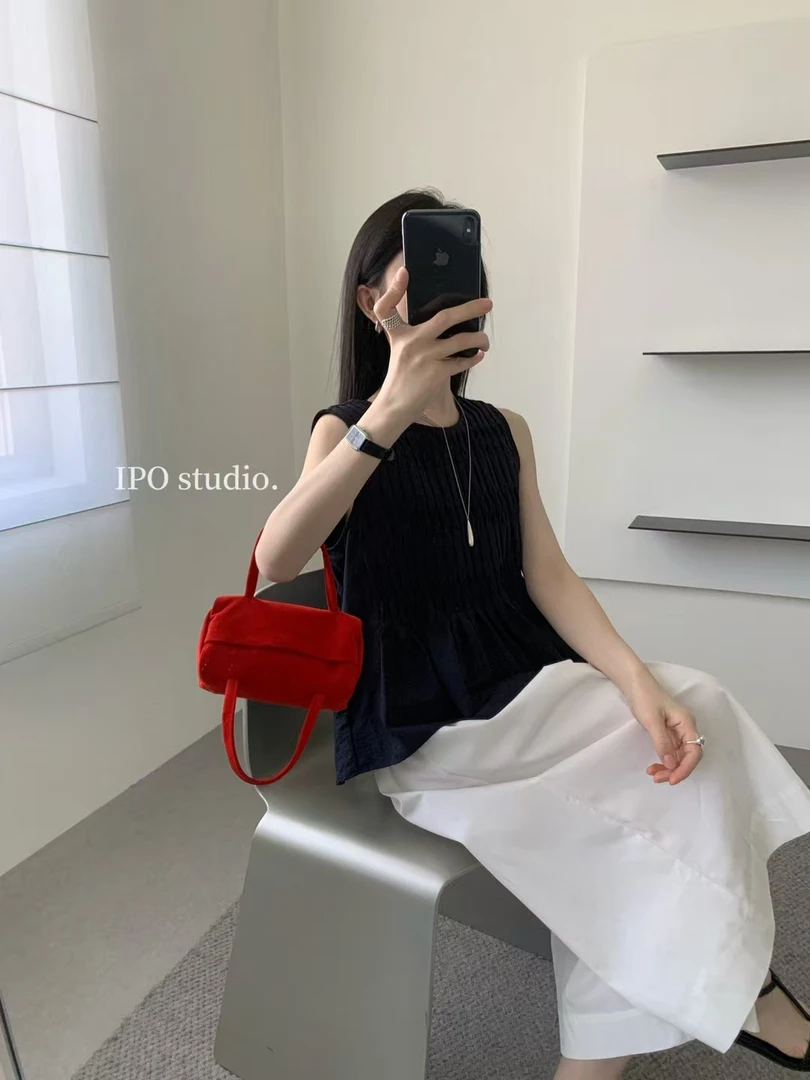 无袖夏季圆领通勤常规短上衣小众黑色宽松
