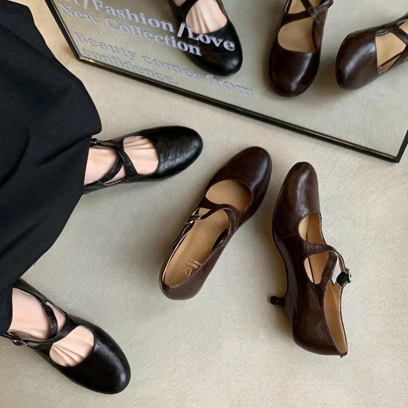 法式气质交叉带玛丽珍鞋2025春季新款复古小猫跟真皮浅口高跟单鞋