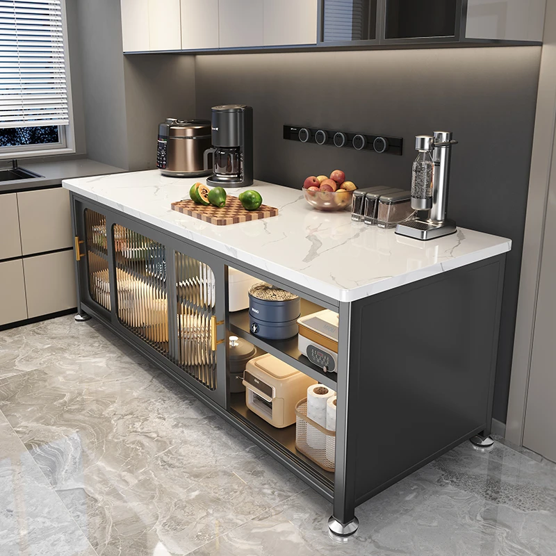 岩板厨房置物柜落地多层餐边推拉门橱柜锅多功能收纳储物柜子