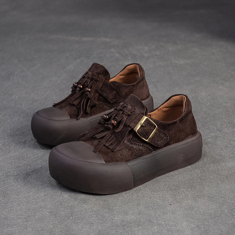 流苏胶粘女鞋单鞋休闲风舒适厚底浅口圆头复古