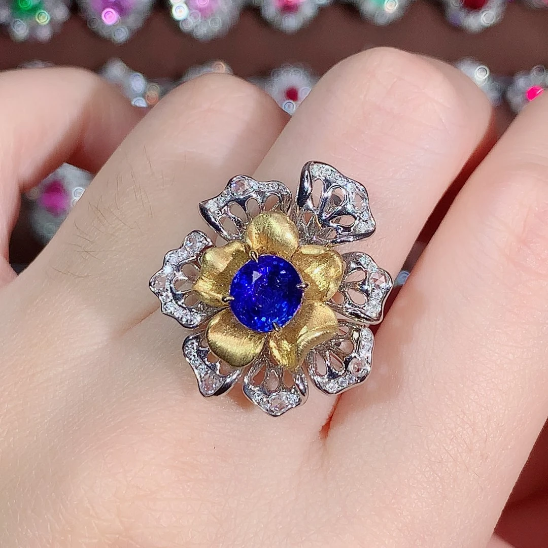戒指18K金镶嵌蓝宝石2.05ct/天然宝石/七天无理由