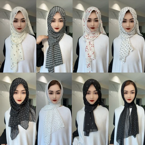 RJ雪纺纱皱印花长巾（配盒针）