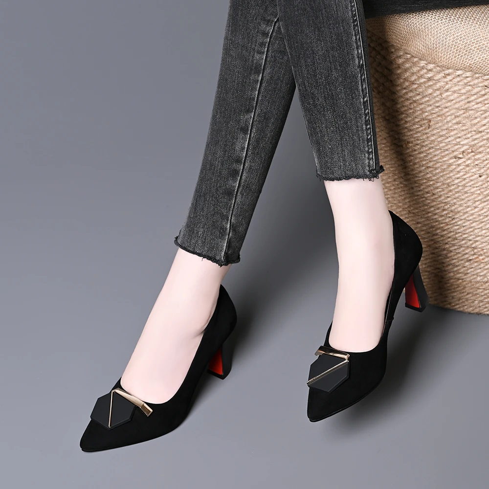 真皮羊皮七字扣尖头浅口单鞋女春秋新款磨砂细跟通勤不累脚高跟鞋