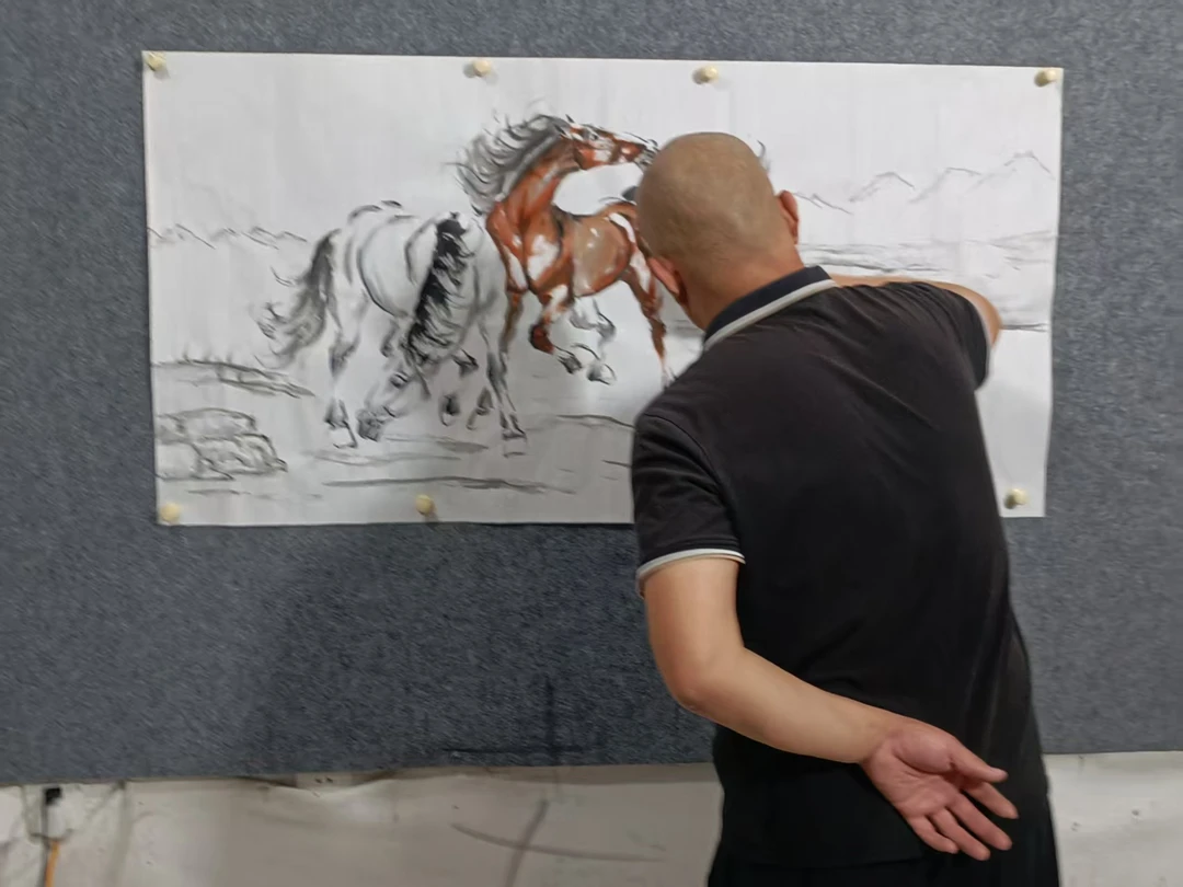 水墨画四尺万马奔腾有证书彩色八骏图骏马图150*68cm