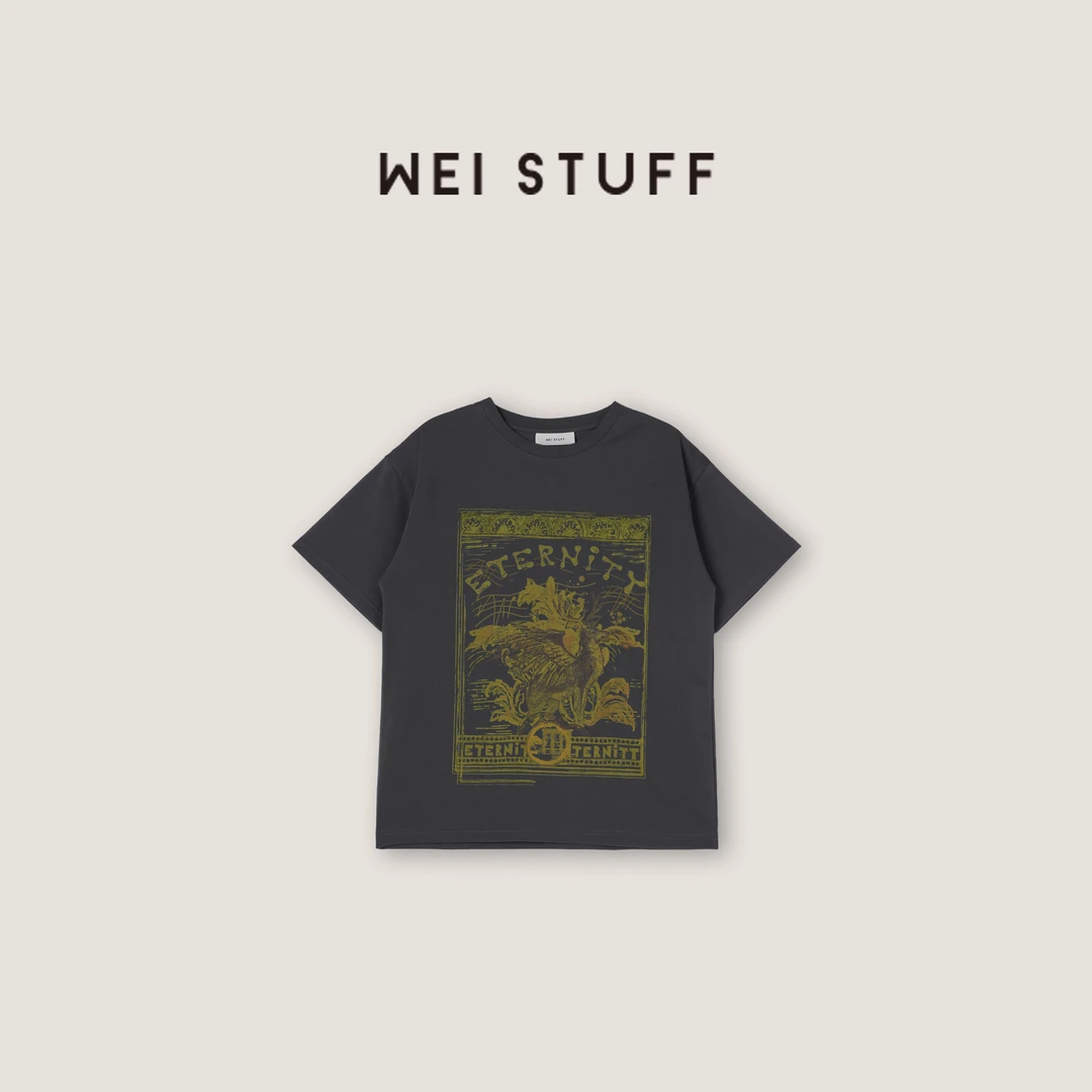 WEI STUFF 春季100精梳棉街头时尚复古百搭印花休闲宽松T恤 8155.