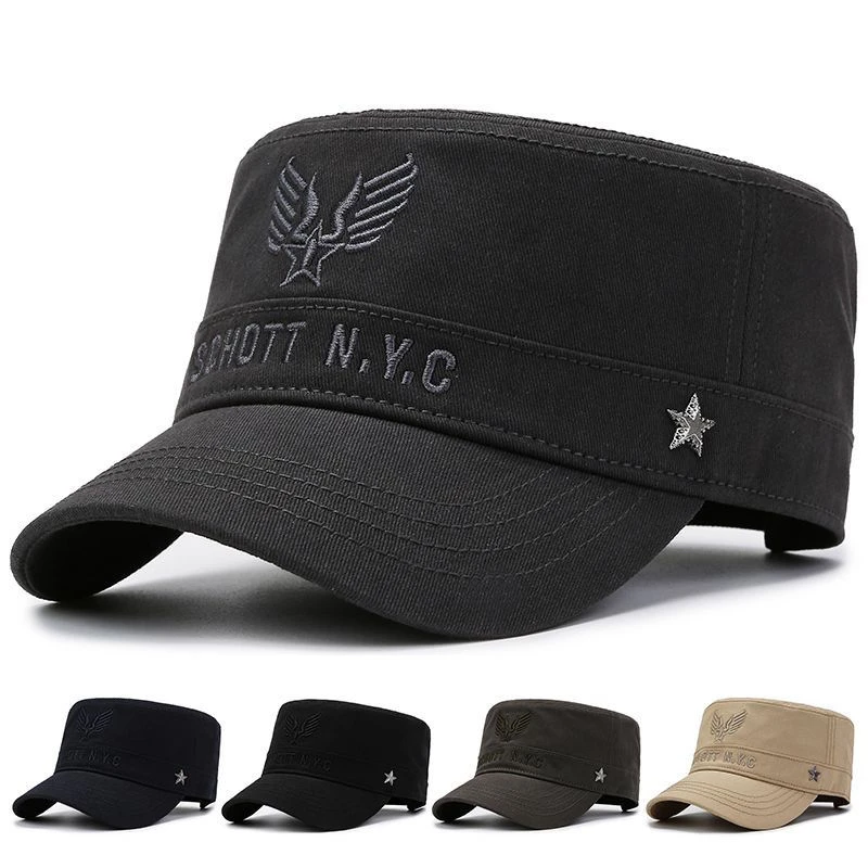 男士帽子新款平顶帽春秋季休闲百搭时尚刺绣军帽中老年鸭舌帽