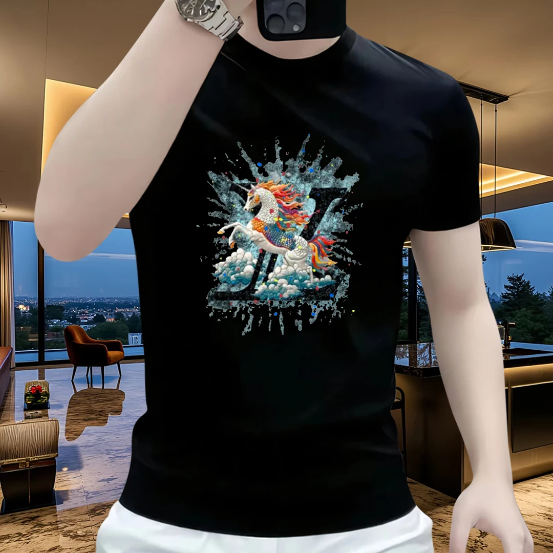 短袖男t恤夏季2025新款潮流纯棉休闲宽松圆领印花轻奢痞帅男装潮