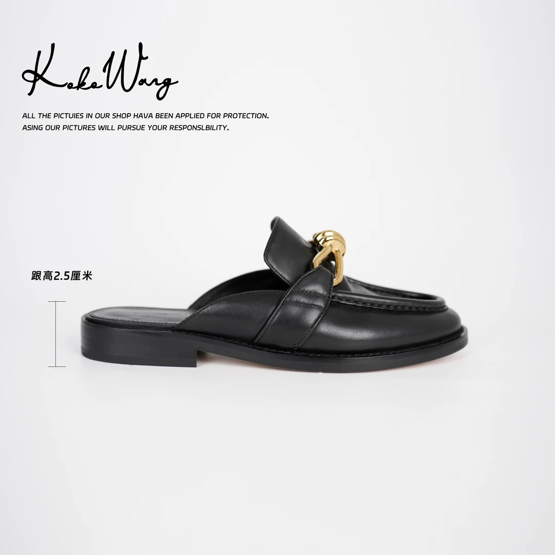 KOKO WANG春夏金扣方根一脚蹬真皮复古舒适包头拖鞋485435C03X02