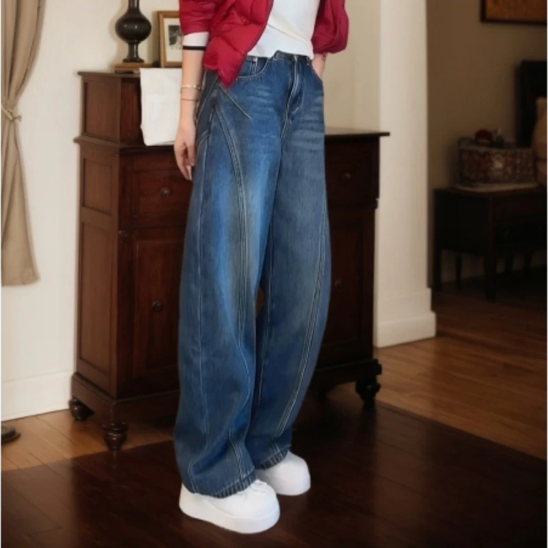 秋冬新款韩系百搭显瘦设计感线条加厚加绒牛仔裤LK2508375