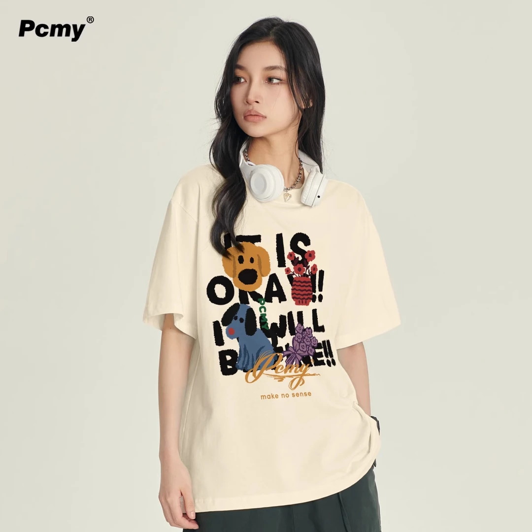PCMY狗儿花字母印花短袖宽松休闲oversize夏季纯棉情侣装半袖t恤