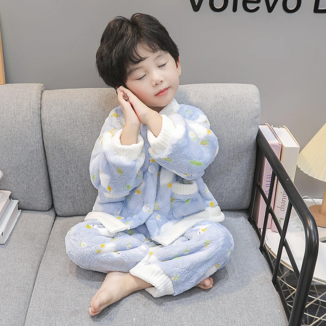 男童睡衣秋冬款法兰绒2025保暖套装男孩休闲珊瑚绒分体开衫家居服