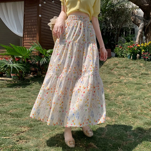 法式碎花半身裙女夏季新款高级感垂坠感气质拼接伞裙a字长款裙子
