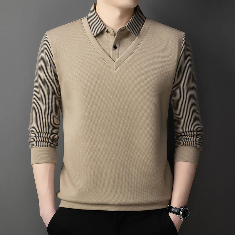 春秋季中年男士长袖薄款针织翻领衬衫领时尚休闲假两件男装上衣