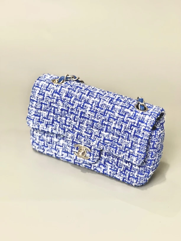 95新 Chanel/香奈儿 夏七中古/蓝色粗花呢cf/单肩包