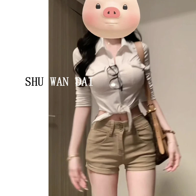 复古卡其色牛仔短裤女夏季辣妹性感超短裤修身紧身显瘦包臀热裤子