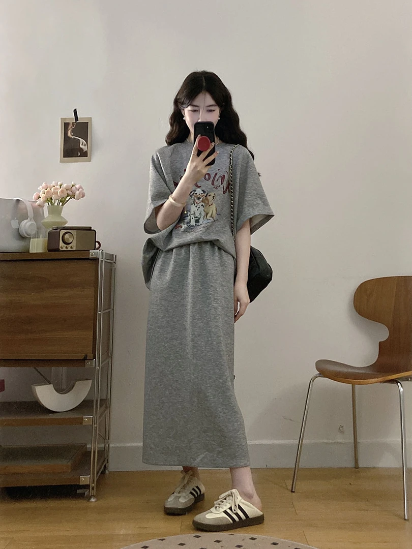 大码女装夏季时尚小狗印花宽松显瘦短袖T恤高腰半身裙两件套女