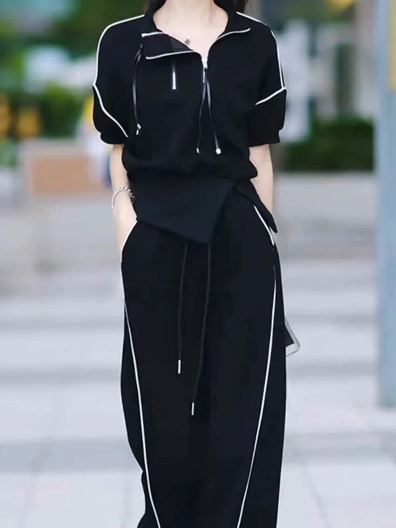 J044休闲运动套装女春秋新款洋气设计感立领拉链高档阔腿裤两件套