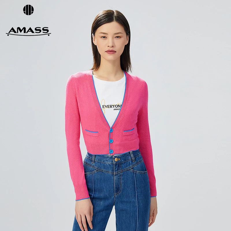 阿玛施AMASS新款V领单排扣长袖针织衫女时尚短款拼色外套5499155