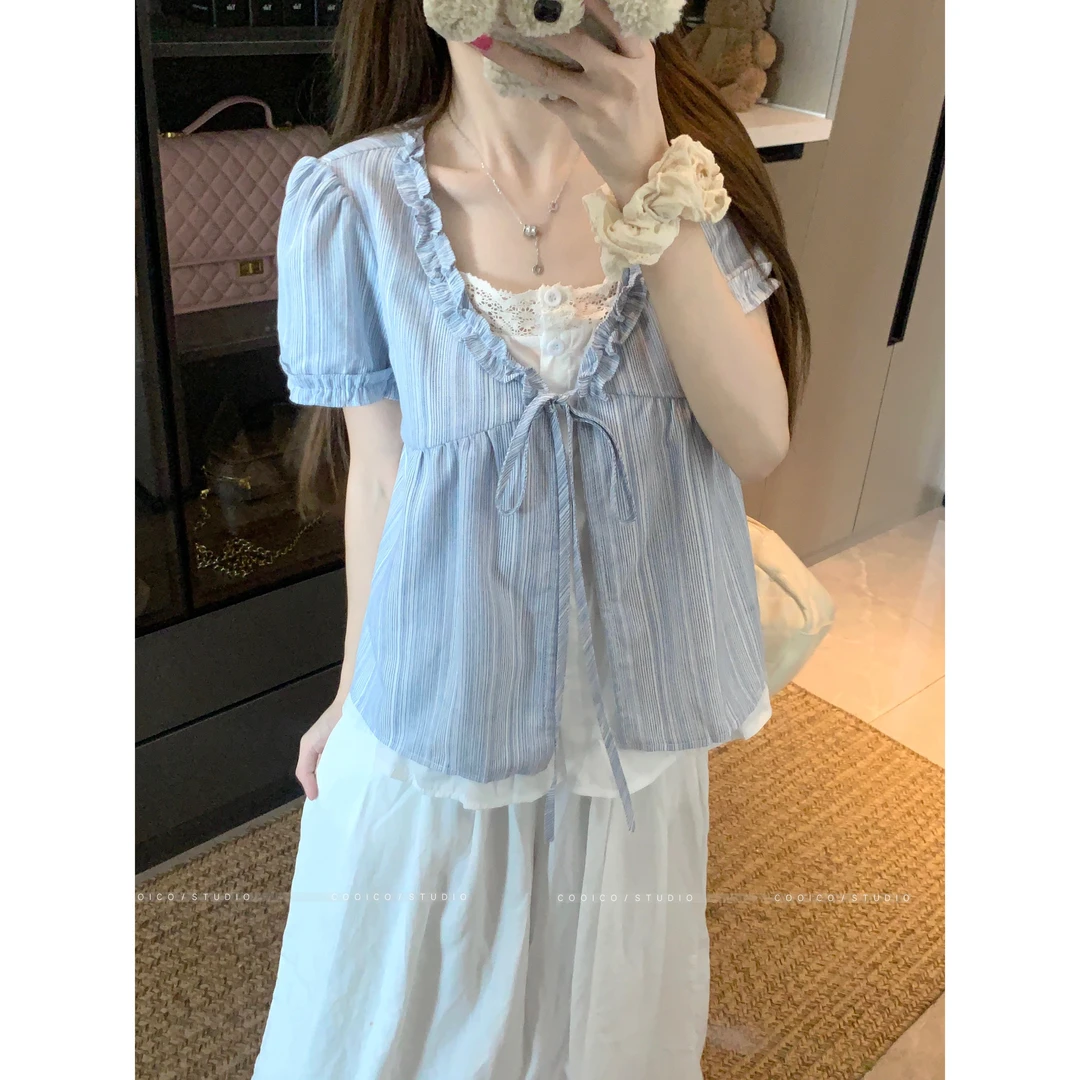 大码宽松假两件短袖娃娃衫V领衬衫胖mm木耳边系带设计感上衣