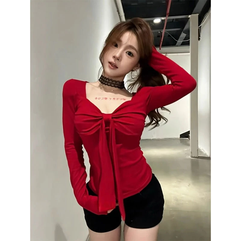 新年红色穿搭蝴蝶结绑带V立领长袖t恤女春秋冬内搭打底