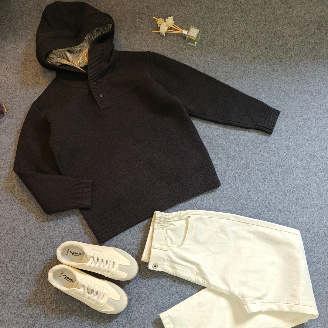 重磅北极绒毛纱肌理毛衣男冬老钱风假两件千鸟格连帽卫衣针织衫