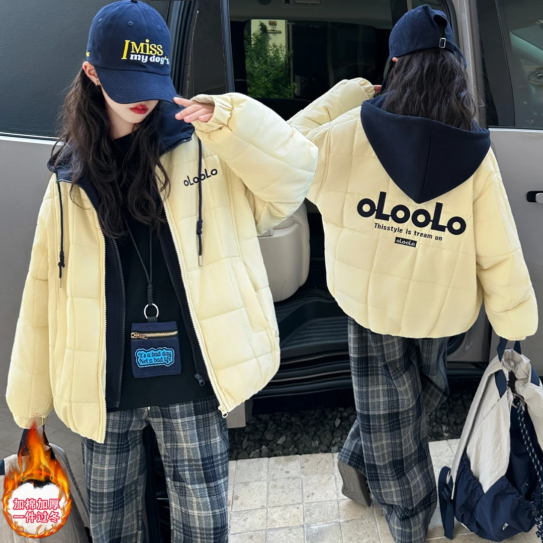 女童冬季外套2025新款夹棉加厚中大童儿童假两件绗棉保暖冬装上衣