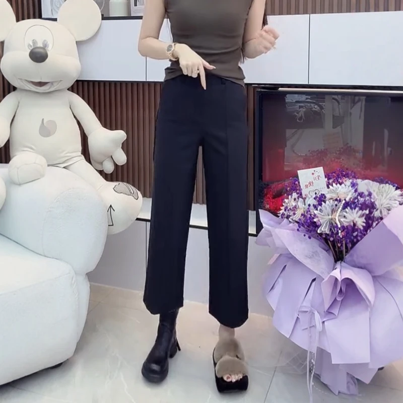 2025秋季新款高腰显瘦八分阔腿裤子大码百搭弹力显瘦直筒休闲裤女