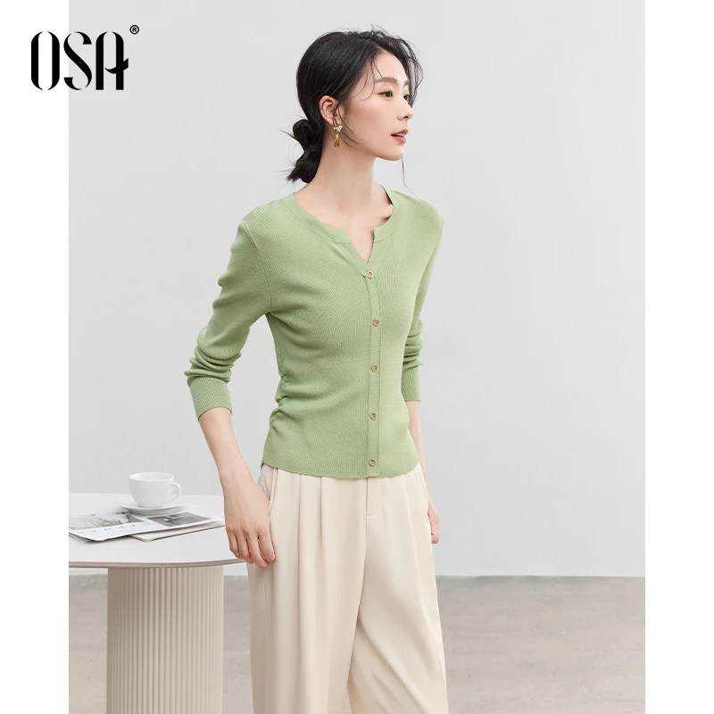 OSA/欧莎 V领套头针织衫女士薄款打底衫春修身显瘦上衣S125A16027