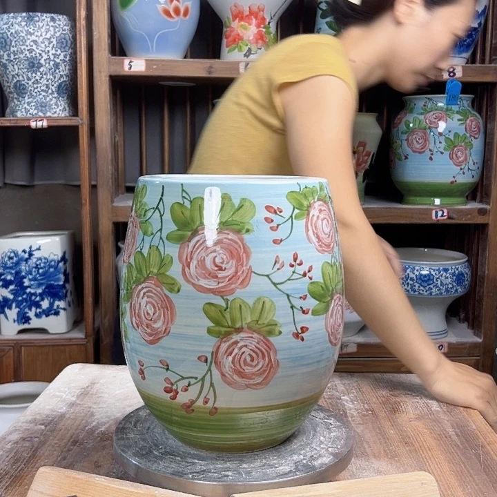 陶瓷但盆油画玫瑰款新款陶瓷陶瓷陶瓷