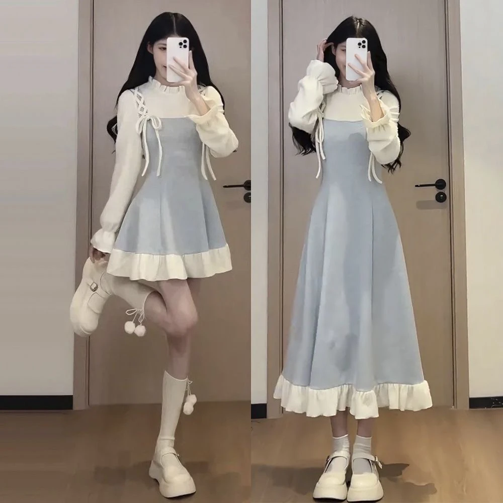小个子甜美短裙春秋收腰显瘦小众设计感撞色拼接假两件套连衣裙女