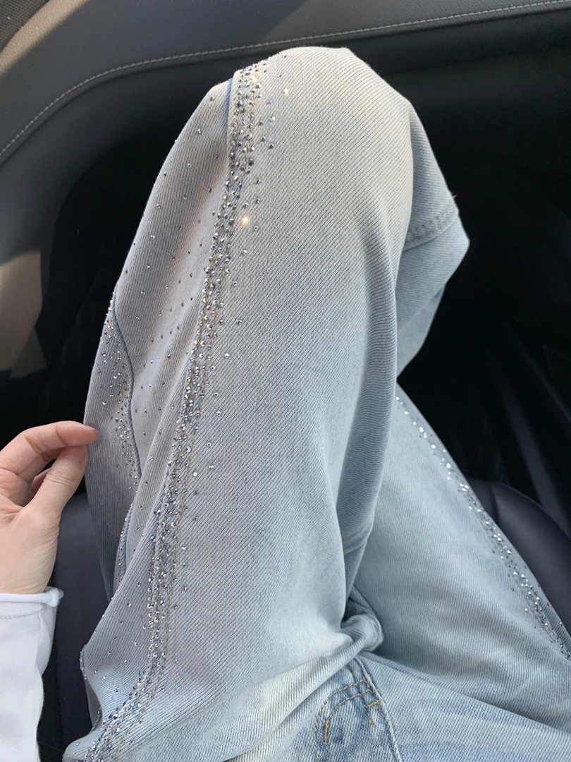 美式浅蓝色重工烫钻牛仔裤女秋冬高腰直筒显瘦宽松阔腿梧桐拖地裤