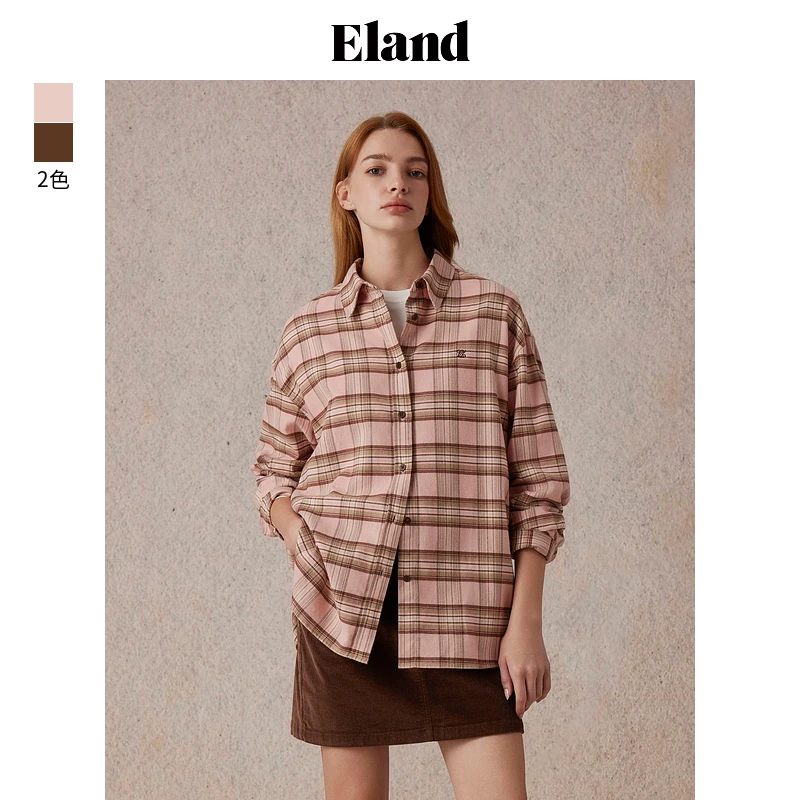 Eland衣恋衬衫女学院风舒适格纹宽松长袖2024秋季新款EEYCE4TM02