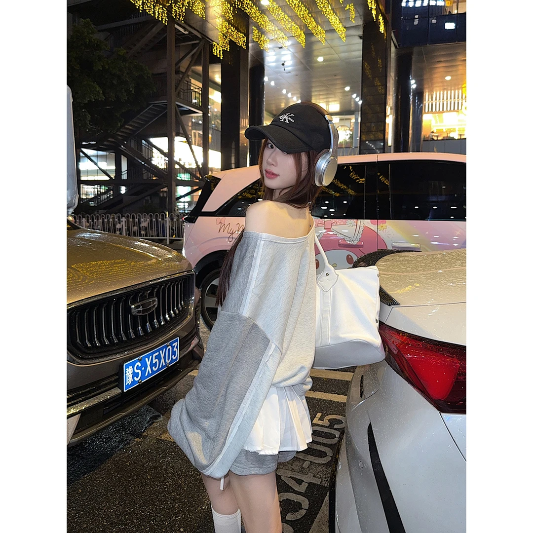 灰色拼接斜肩卫衣初秋上衣+白色双层褶裙半身裙两件套