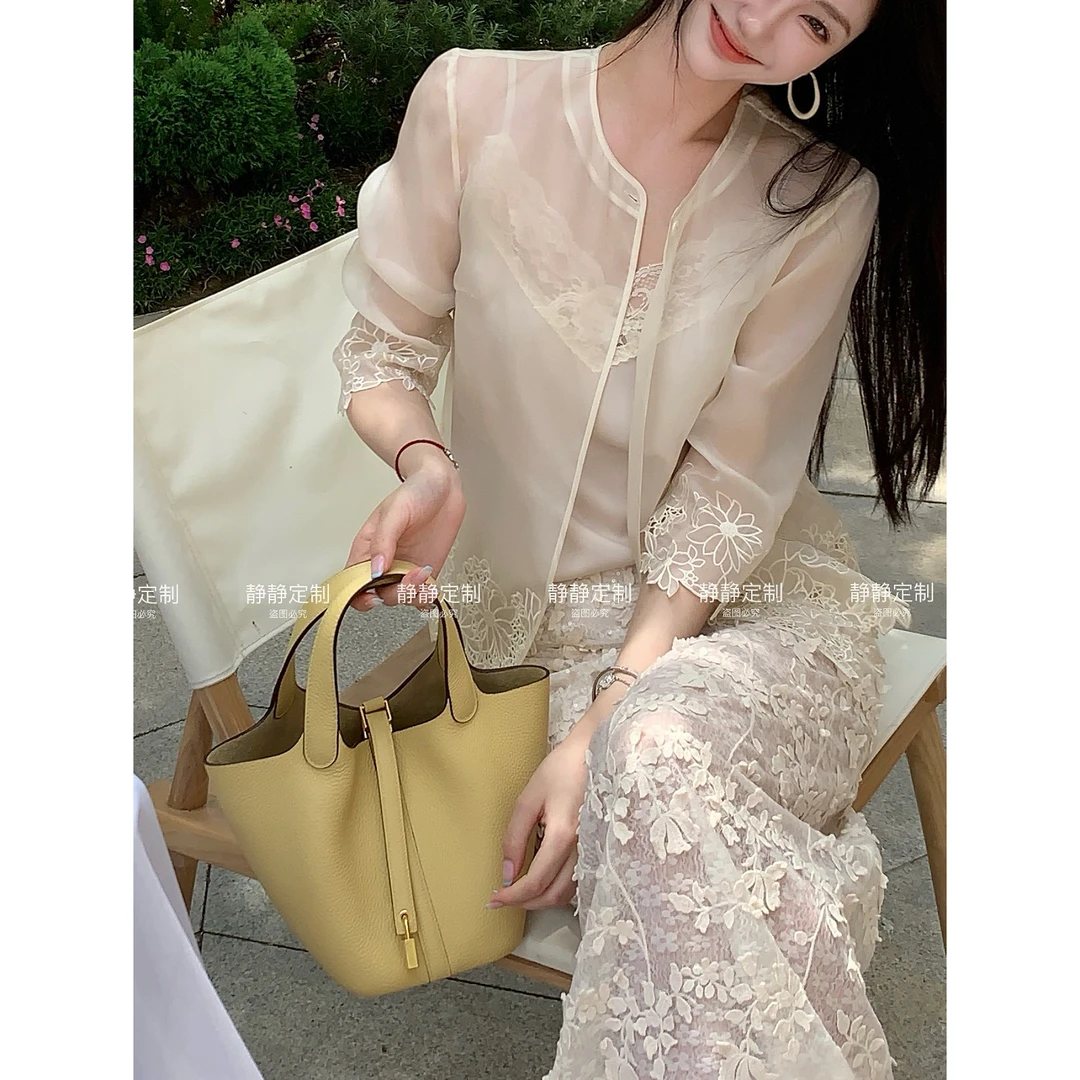 JING【知梦】温婉气质欧根纱重工绣花下摆长袖法式上衣外套