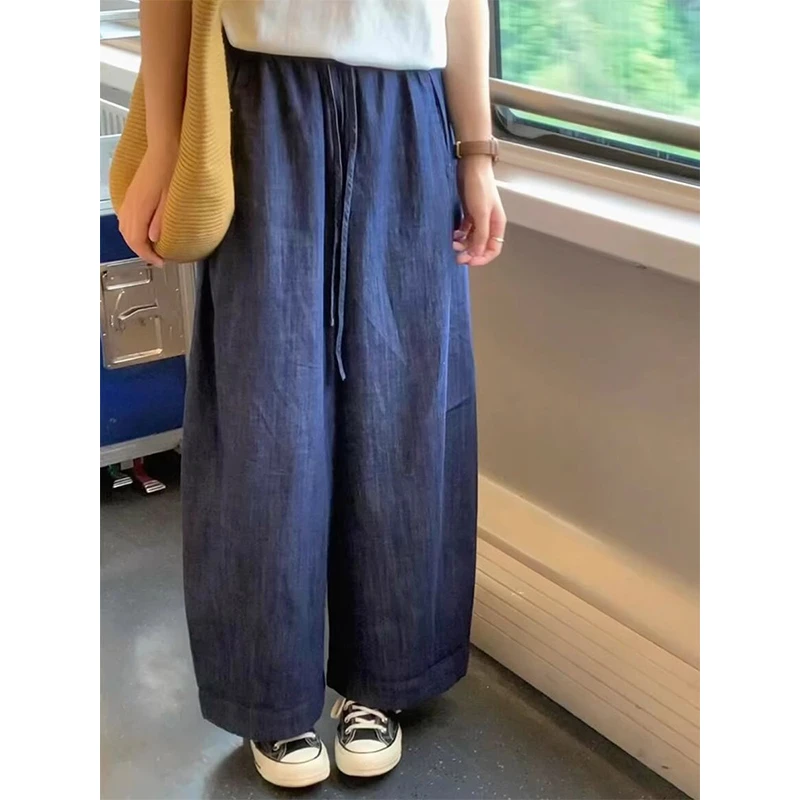 抽绳蓝色裤子女25夏季新薄款宽松显瘦阔腿休闲裤子防褪色奶奶裤