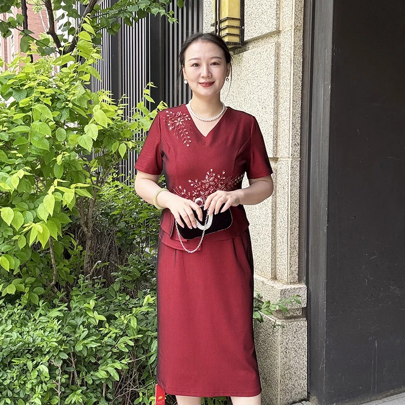 夏季结婚妈妈装大码宽松中国风假两件短袖婚宴礼服旗袍喜婆婆喜服