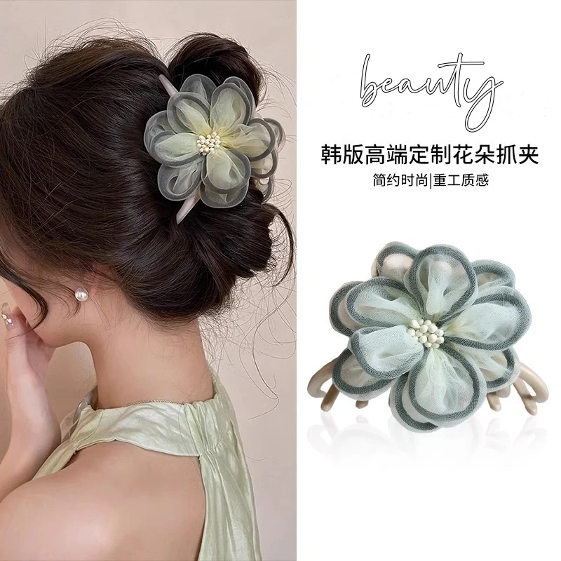 法式复古蕾丝海棠花抓夹小香风鲨鱼夹后脑勺盘发夹时尚百搭头饰女